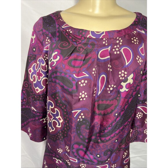Banana Republic Silk Purple Pink Paisley Print 3/4 Sleeve Pleated Dress Size 2 - Picture 4 of 16